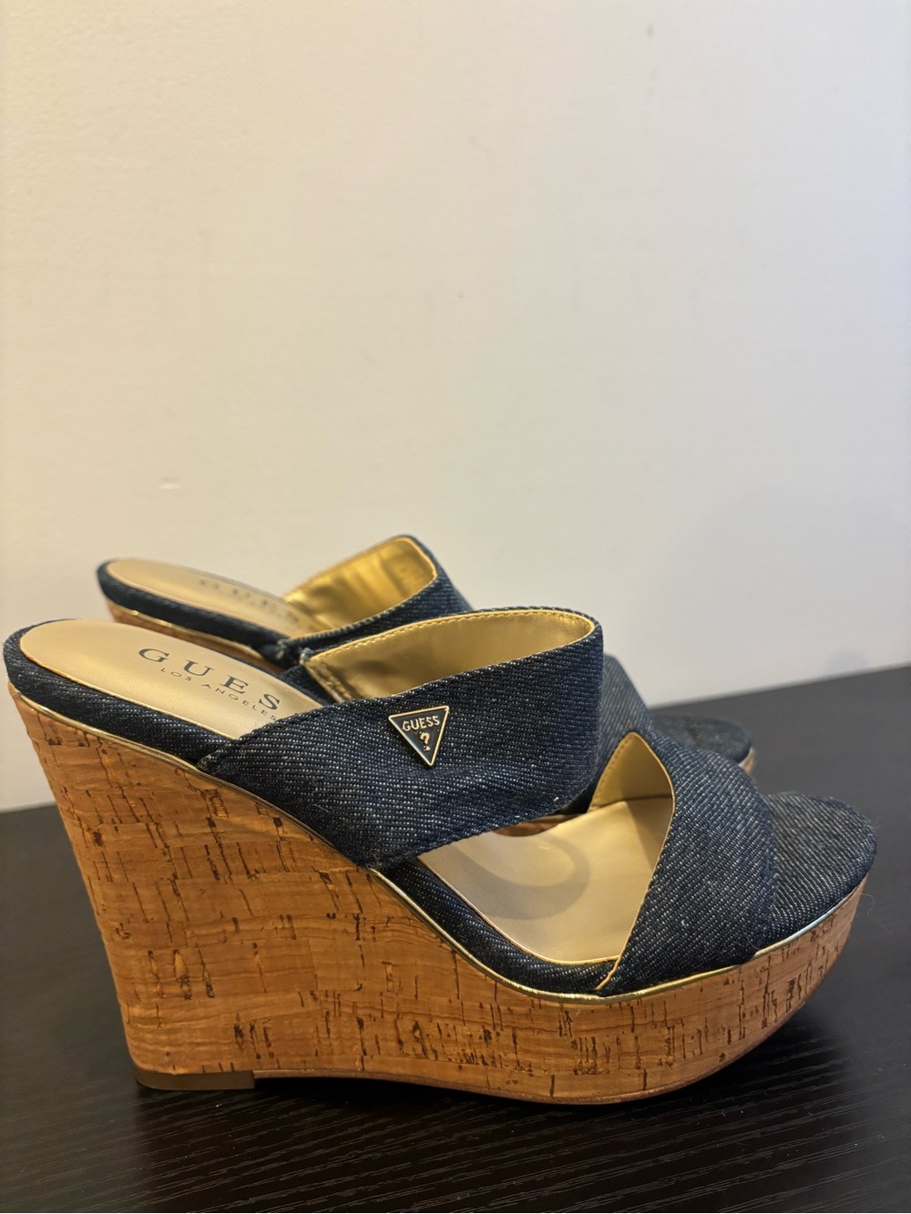 GUESS Denim Double-Strap Cork Wedge Sandals - Blue